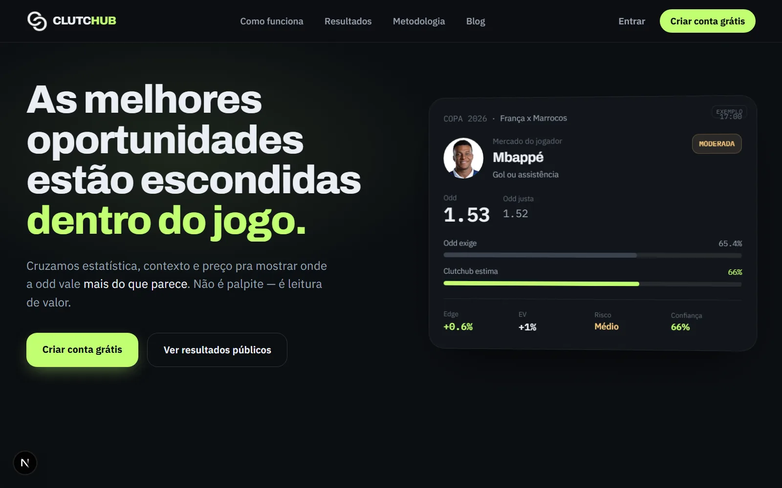 ClutchHUB: leitura de odds com estimativa própria, edge e confiança por jogo