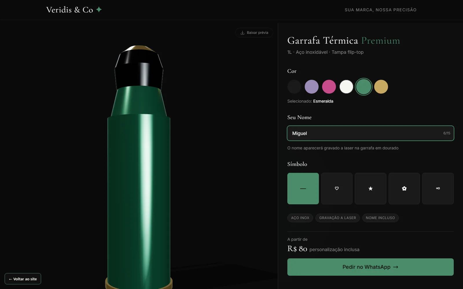 Estúdio 3D da Veridis: garrafa esmeralda personalizada com nome gravado a laser